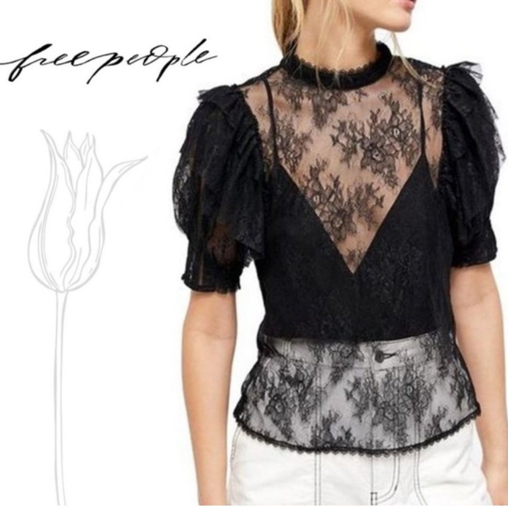 NWT FREE PEOPLE Secret Admirer blouse, black lace, puff sleeve, women’s size S
